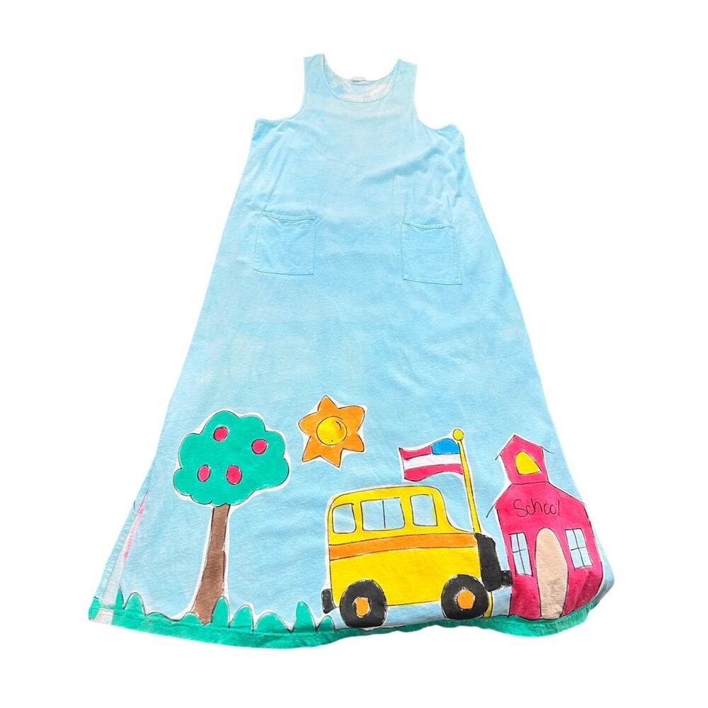 Fat Bear Wear Kids Girl's Blue 100% Cotton Hand Painted Midi Dress Size L
